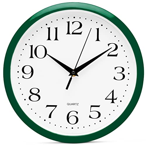 Image of Bernhard Products Hunter Green Wall Clock Silent Non Ticking - 10 Inch Quality Quartz Battery Operated Round Easy to Read Home /Kitchen /Office /Classroom /School Clock