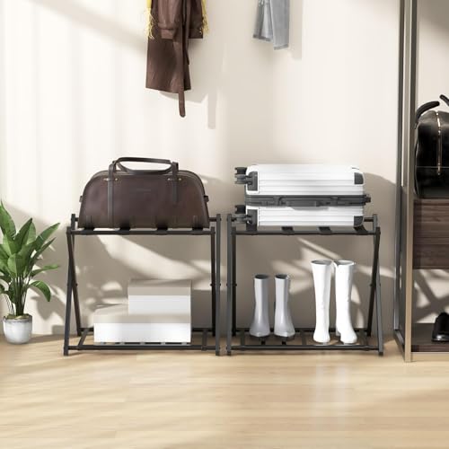 FANTASK Gepäckträger 2-Stöckig, 68 x 45 x 57 cm, Kofferständer klappbar, Gepäckablage Metall für Schlafzimmer, Gästezimmer, Hotel (Schwarz)