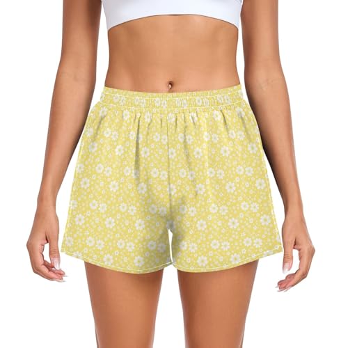 Short actif jaune pour femme avec poches fonctionnelles et motif floral pour l'entraînement