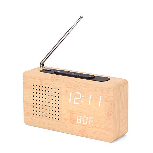 Radio-réveil numérique, horloge FM en bois avec commande vocale et fonction de gradation automatique, blanc