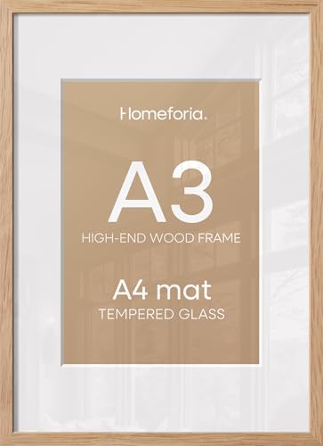 Image of Homeforia A3 Natural Oak Picture Frame, High-End Wood, A4 Mat, Glass | High End Solid Oak Wood, Tempered Glass, Acid-Free A4 Removable Mat, A3 Edge-to-Edge Display, Wall Kit, Set Of 3