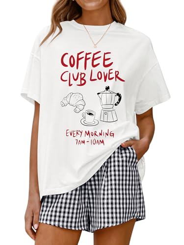 Image of LOGENE Women Two Piece Lounge Pajamas Set Oversized T-Shirts & Boxer Plaid Shorts 2026 Summer Casual Loungewear Comfy Outfits