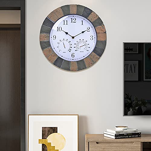 Mumtop Outdoor Clock - Indoor Clock Large Wall Clock With Thermometer And Hygrometer Combo, 13.5-Inch Quartz Round Clock For Terrace Home Garden Decor (Stone) #TOP2
