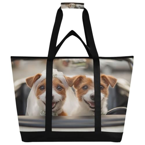 JUMBEAR Borsa termica per la consegna del cibo, con coppia di cani che indossa abiti da sposa, borsa termica per il pranzo, pieghevole, a prova di perdite, borsa termica per spiaggia, campeggio,