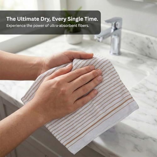 Image of Athom Living Premium Hand Towels- Cotton, 400 GSM, Ultra Soft, Quick Dry, Highly Absorbent | for Hand, Kitchen and Gym | 60 * 40 cm, Pack of 4 (White with Brown Strips)