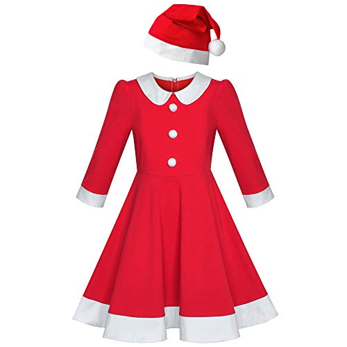 Sunny Fashion Girls Dress Christmas Santa Hat Long Sleeve Party New Year
