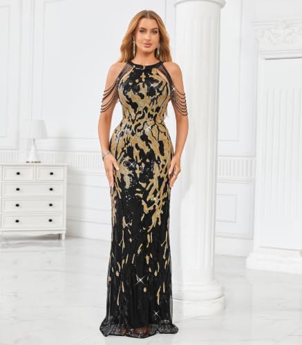 Image of Cololura Women Sequin Halter Tassel Mermaid Formal Maxi Dress Evening Gown