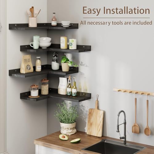 Image of Dime Store Engineered Wood Corner Wall Shelf Set of 4 for Living Room & Bedroom - Floating Corner Shelves- Modern Wall Storage & Display Shelves for Home Decor, Office & Study (Black)