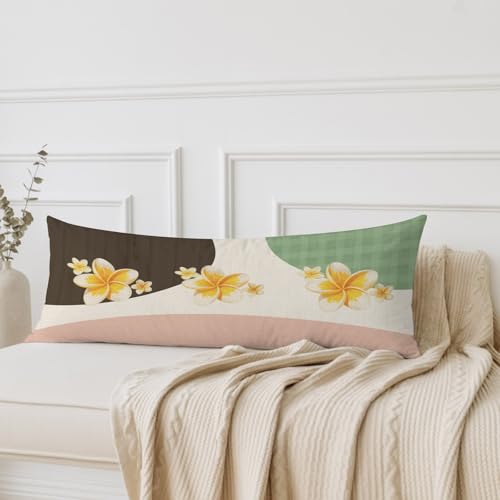 Body Pillow Cover, Plumeria Breathable Microfiber Pillow Covers with Envelope Closure, Middle Century Modern Pink Yellow Boho Flowers Long Pillowcase for Pregnant Adult, 20x54 Inch