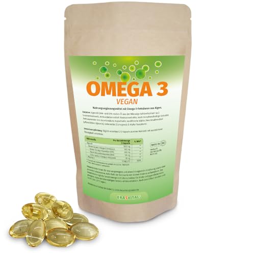 Omega 3 aus reines Algenöl Softgel Kapseln hochdosierte Fettsäuren 630 EPA und 210 DHA + Vitamin E pro Tagesdosis, Vegan