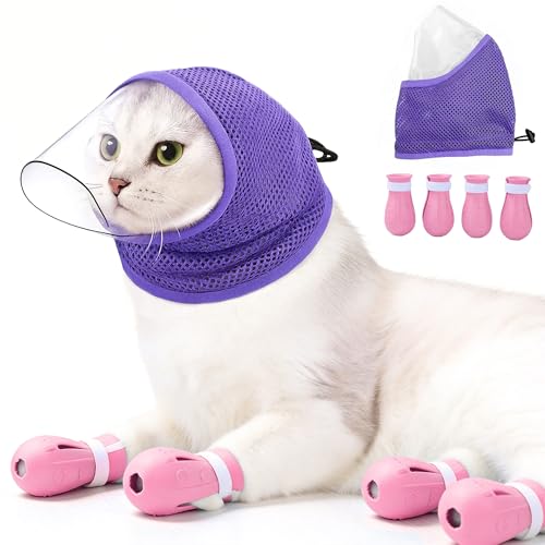 Adjustable Cat Muzzle for Grooming & Biting Prevention, Upgrade Kitten Head Cover,Breathable Anti-Bite Cat Mask with 4 Anti-Scratch Gloves Boots Silicone Shoes for Nail Trim Bath Vet Visit (Purpleb,S)