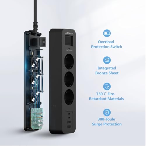 JSVER Mehrfachsteckdose mit USB C, Steckdosenleiste Überspannungsschutz mit 4 USB, Mehrfachstecker Steckdosenturm mit Schalter, Verlängerungskabel 2M für Zuhause-Schwarz 4