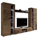 Wohnwand Rango XL, Modernes Wohnzimmer Set, Design Anbauwand, Schrankwand, Mediawand, Vitrine, TV Lowboard, (Lefkas Eiche, mit weißer LED Beleuchtung)