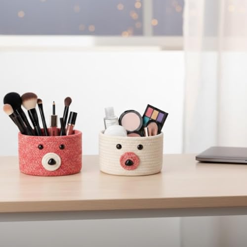 Image of Teddy Eco-Friendly Cotton Rope Basket Set of 2 (6x6 Inch) - Remote Holder for Living Room & Remote stand for Table, Makeup organisers, Jute Planter Basket & Jute Pots for Plants (Red & White)