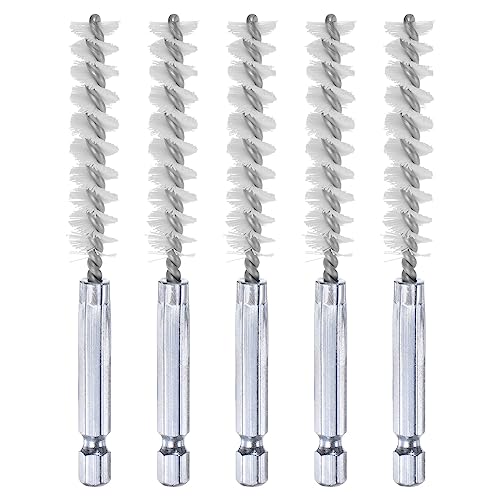 HARFINGTON 5Pcs Nylon Bore Brush 10mm Dia 4" Long Cleaning Twisted Wire Brush with Handle 1/4" Hex Shank for Tubes, Ports, Bearings