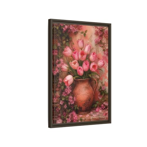 Toile tulipes roses 40x60 cm avec cadre espresso haut de gamme