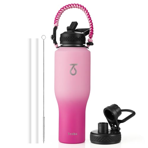 Trebo 40 oz Water Bottle Insulated Fit in Any Car Cup Holder with 2 Lids