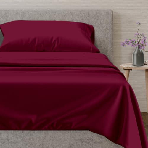 Mayfair Linen 100% Egyptian Cotton Sheets Twin Size Bed Set - Luxury 3 PC 600 Series Voyage Collection Twin Sheets Set Egyptian Cotton (Burgundy), Cooling, 16" Deep Pocket Sateen Sheet for Dorm Room