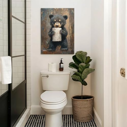 VVL Funny Bathroom Bear Wall Art Black Bear With Paper Canvas Painting Picture Humor Animal Wall Decor for Kids Restroom Bathroom Home Decoration