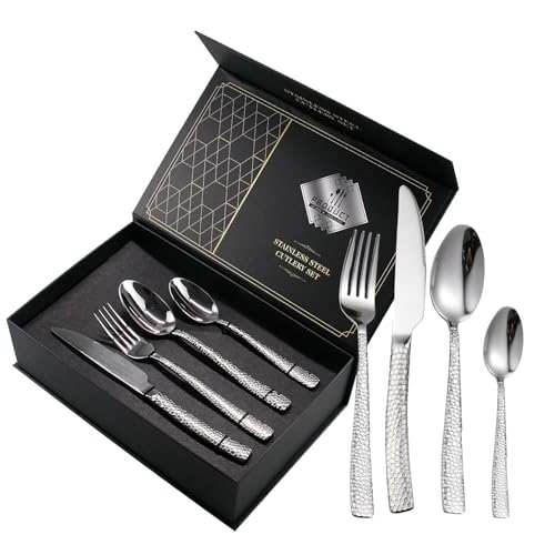 Juego de cubiertos martillados de 24 piezas, acero inoxidable, cuchillo, tenedor, cuchara, juego de cubiertos para 6 personas, modernos cubiertos de plata para casa/restaurante/fiesta