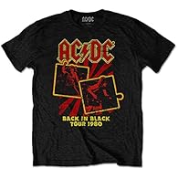 New Store StockMain Category - T-Shirts. Sub Category - T-Shirt. Design - Back in Black Tour 1980 Design Features - Sleeve or Collar Styling - Short Sleeves Material - Soft-Style Cotton Dimensions -