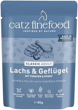 catz finefood Classic Lachs & Geflügel Katzenfutter nass, 24 x 85g Pouch | Premium Nassfutter für Katzen, gluten- & getreidefrei, ohne Zucker & künstliche Zusätze, Made in Germany