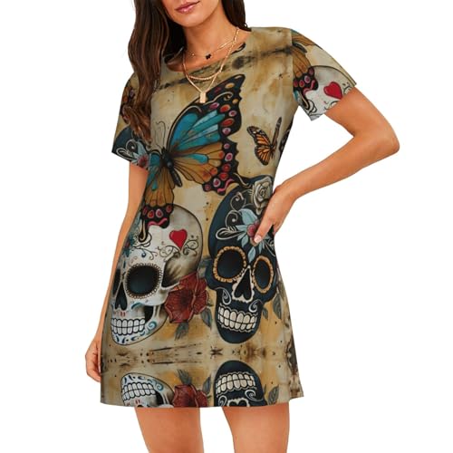 UVBDF Sugar Skulls Butterfly - Camisón de manga corta para mujer, cuello redondo, holgado, vestido de pijama, Negro, XL