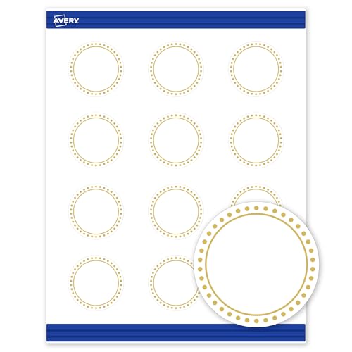 Avery Printable Round Cards, Sure Feed Technology, 2" Diameter, Matte White with Gold Border Gold Dots Design, Laser & Inkjet Compatible, 120 Total, Great for Branding, Weddings, and More by Avery - Used condition - US$9.24