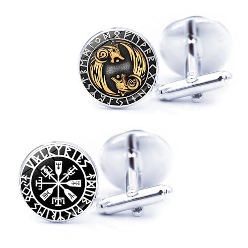 LONGHAO 2 pares, gemelos de estilo vikingo, gemelos para hombre con estampado de runas vikingas, gemelos nórdicos vikingos, camisas clásicas, para marido, amigos y padres, 0, Metal, 0