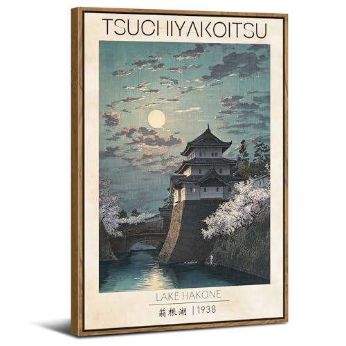 Image of Vintage Japanese Canvas Wall Art for Living Room Nature Hakone Lake Landscape Wall Pictures Asian Japanese Castle Painting Framed Prints Modern Ukiyo-E Poster Artwork Home Decorations 12x16"