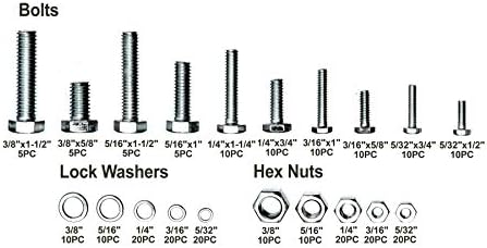 Brackit Nut & Bolt Set 240 pc - Includes Machine Bolts, Lock Washers and Hex Nuts  For Repair, Assembling, Maintenance and Construction