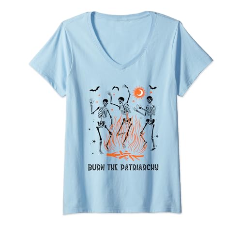 Burn The Patriarchy Feminista Dancing Skeleton Halloween 2022 Camiseta Cuello V