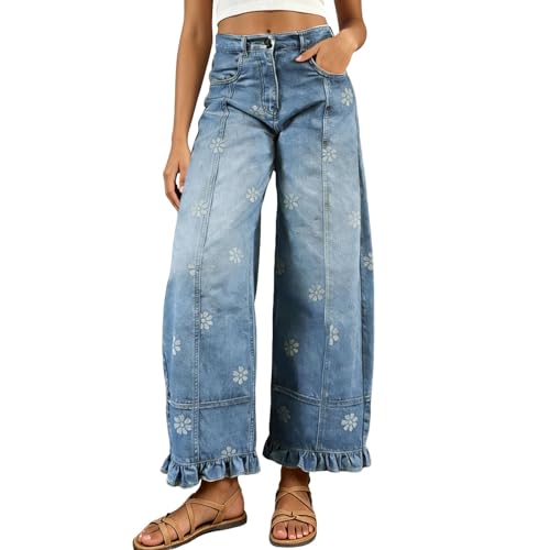 Jean barrel femme stretch à jambe large et pantalon denim délavé