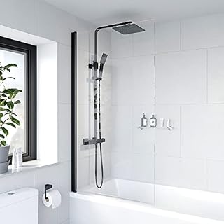 Luxura Over Bath Shower Screen Door 780mm Frameless Black Profile Square 6mm Safety Clear Glass Panel Bathroom Bath Screens