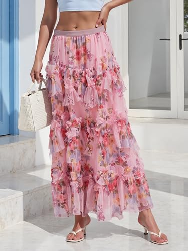 Women's Floral Mesh Skirt Irregular Flowy Layerd A Line Midi Skirt Summer Beach Vacation Skirt3