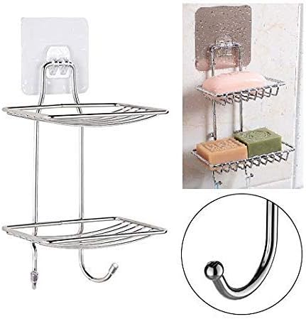 XENOTY Wall Mounted Double Layer soap Dish Holder & Dispensers, Self-Adhesive Stainless Steel Waterproof Kitchen Bathroom Soaps Storage Rack with Hook for Home