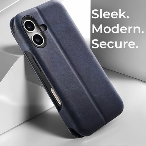 Image of PULOKA - Sleek Flip Case- Compatible for iPhone 16 Plus- Premium Vegan Leather Phone Cover with Card Slot - Slim, Durable, Privacy Protection - Kickstand Function - Elegant Flip Wallet Cases- (Blue)