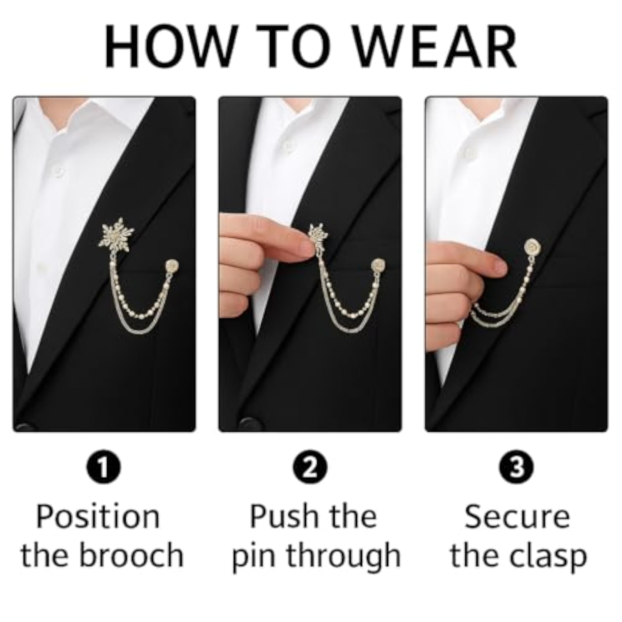 Men's Premium Gold Lapel Brooch with Triple Chain & Pearls