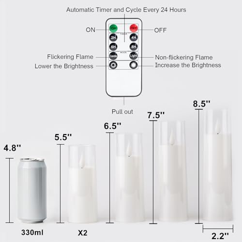 Amagic Pure White Flameless Candles, Battery Operated Candles, Acrylic Flickering LED Pillar Candles with Remote Control and Timer, 3D Wick, Yellow and Blue Glow, D2.2 xH5 5" 6" 7" 8", Set of 5 by Amagic - Image 4