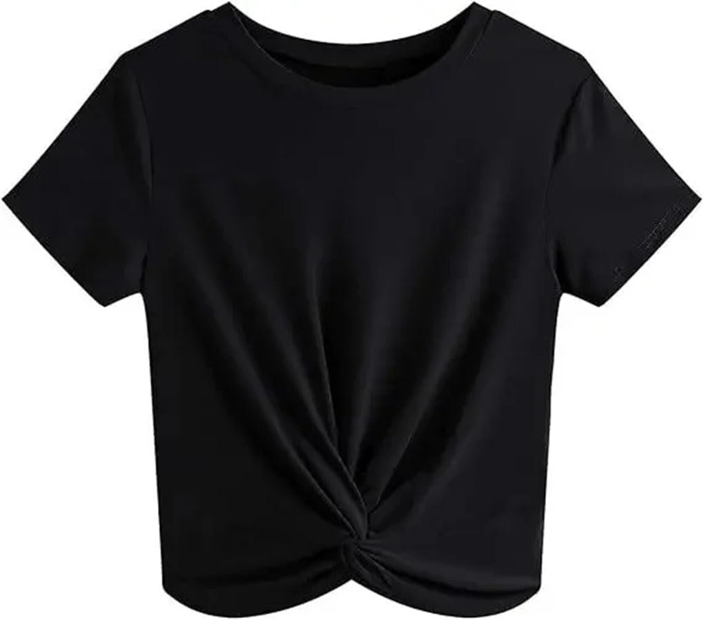 Women's Short Sleeve Round Neck Pleated Hem T-Shirt