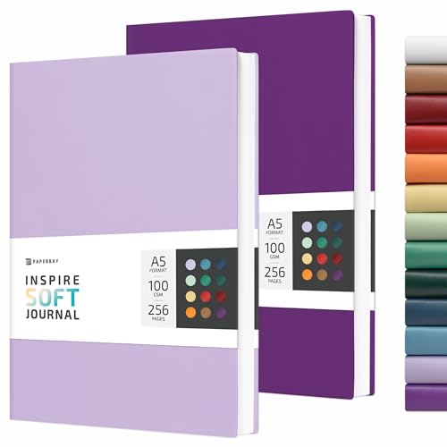 PAPERBAY A5 Notebook Soft Cover Journal Lined, Medium Softcover Notebook Vegan Leather Journals for Men Women Writing, Ruled Thick Paper Flexible Junk Diary 256 Pages 2-Pack (Lavender-Purple)