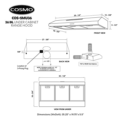Cosmo COS-5MU36 Under Cabinet Range Hood Ductless Convertible Duct, Slim Kitchen Stove Vent With thumb #4