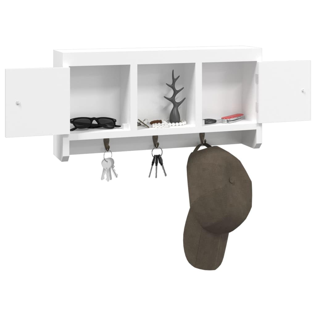 Schlüsselschrank Weiß 40x8,5x20 cm Wand-Schlüsselkasten aus Holzwerkstoff & Stahl mit 3 Haken und 2 Türen Moderner Organizer für Schlüssel Sonnenbrillen und Schmuck