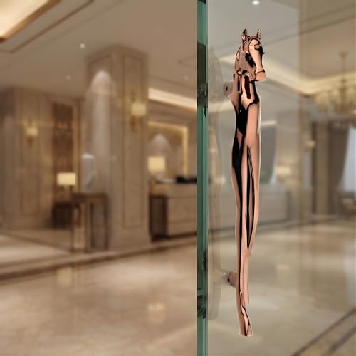 Image of GLOXY Premium Rose Gold 12 inch Horse Shaped Main Door Handle with 8 inch Hole-to-Hole Spacing - Decorative Push & Pull Aluminium Wooden & Glass Doors Handles for Homes, Restaurants & Offices - Pack of 1