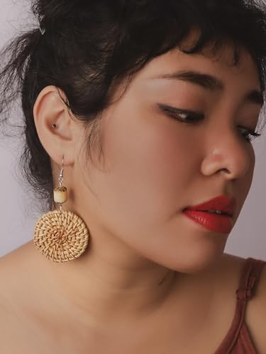 Image of MINACHI Boho Chic Handmade Rattan Wood Dangle Drop Earrings for Women, Bohemian Summer Beach Statement Jewelry Gift for Women