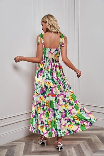 Image of kinstell Women's Summer Boho Spaghetti Strap Square Neck Ruffle Casual Flowy Long Dress Beach Swing Party Maxi Dress