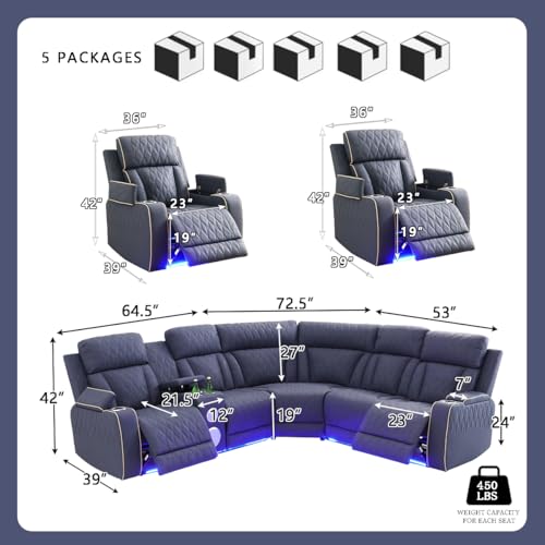 Image of Power Reclining Sectional Sofa Set with Bass Speakers, Sanded Leather Recliner Corner Couches and 2 Chairs, Power Recliner Sectional with Cup Holder /Storage Console for Living Room