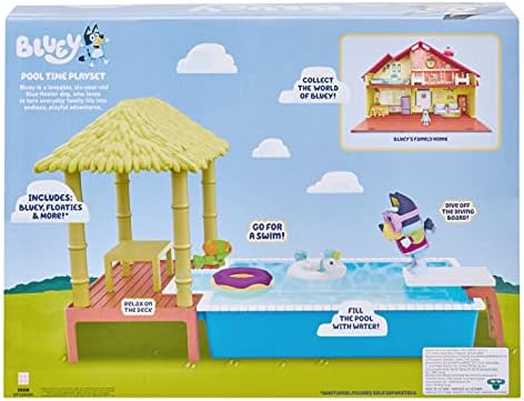 Bluey Pool Time Fun Playset: Bluey figure in Swim Suit, Pool with Diving Board and Deck and 4 Pool Accessories