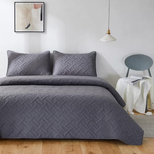Image of SANMARINO Luxury Cotton Ultrasonic Quilted King Size Bedcover with 2 Pillow Covers | Ultra-Soft, Cozy Solid All-Season Quilt Coverlet | Premium Bedding Set for Bedroom Decor - 228x254 cm,Graphite Grey