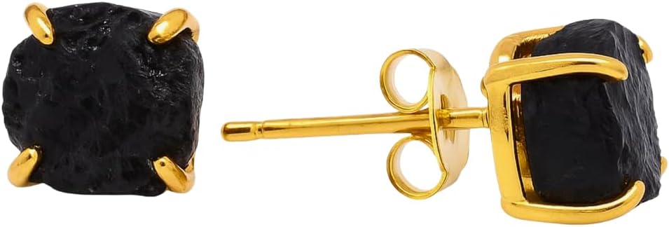 Gempires Natural Raw Gemstone Stud Earrings for Women | Handmade Raw Crystal Prong Setting Earrings | Hypoallergenic Gold Plated Minimal Studs | Unique Gift Jewelry for Her (Multiple Gemstone Options)